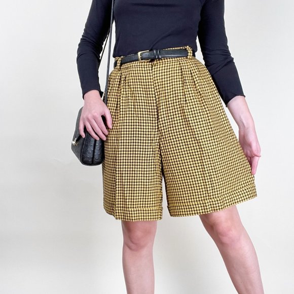 Vintage High Rise Houndstooth Pleated Wide Straight Leg Shorts Preppy Clueless - Picture 2 of 8